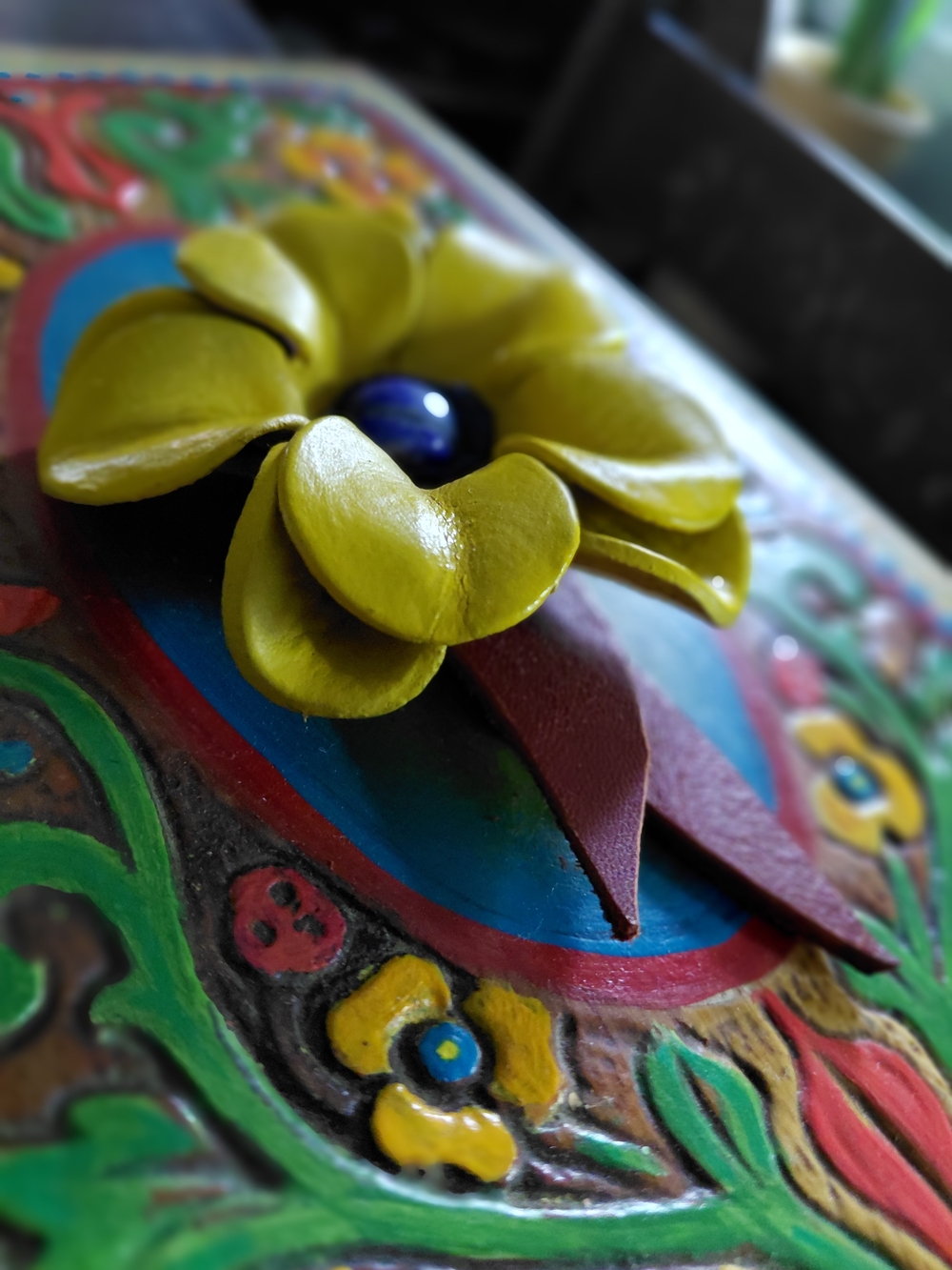 Vintage hand painted whimsical wood & leather trinket stash box with lock